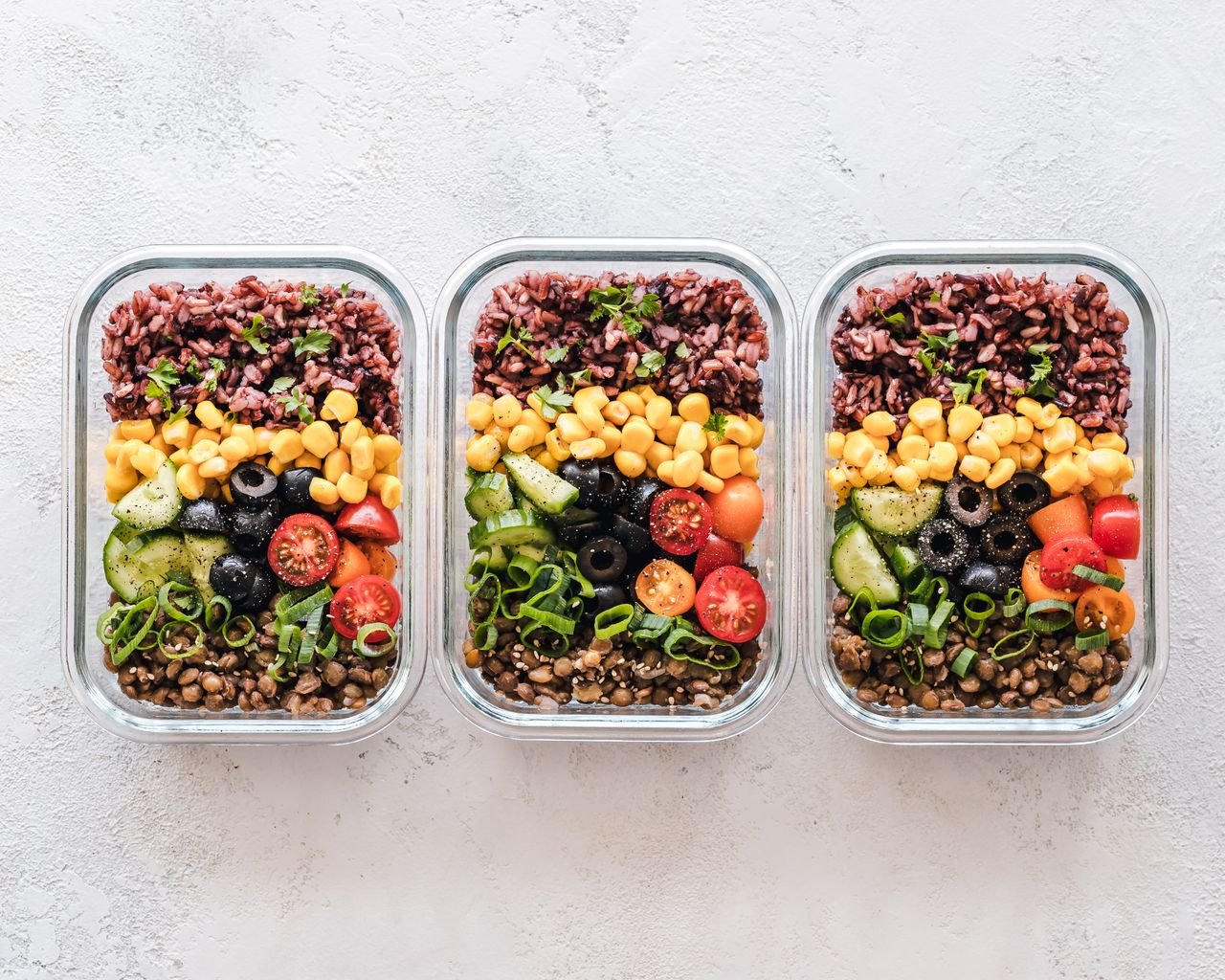 flat-lay of three meal prep foods