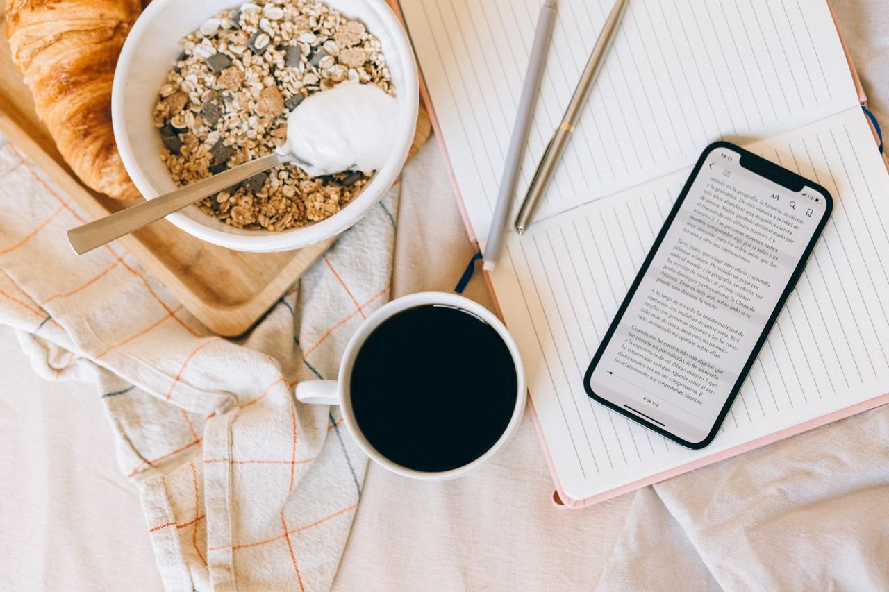 cozy setting with breakfast and smartphone in bed